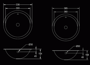 Round stainless steel inset basin diagram and dimensions