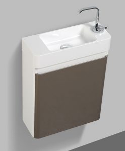 Small grey single door guest bathroom vanity and basin