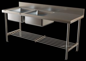 restaurant type double bowl kitchen sink slatted undershelves