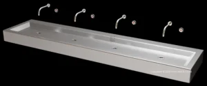 4-Bay wall mounted basin with wall mounted taps long multi-basin wall mounted self closing taps stainless steel vandal proof basin trough school hostel wall mounted